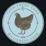 Farm Fresh Vintage Hen Eggs Carton Blue Glow Classic Round Sticker<br><div class="desc">Rustic and simple egg carton labels with the text fresh farm eggs and your business name in off-black modern typography on a pastel blue glow background, a stylish vintage hen print and pretty decorative elements. Simply add your homestead name to the label. Exclusively designed for you by Happy Dolphin Studio....</div>