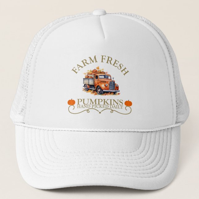 Farm fresh watercolor pumpkins leaves fall autumn trucker hat (Front)