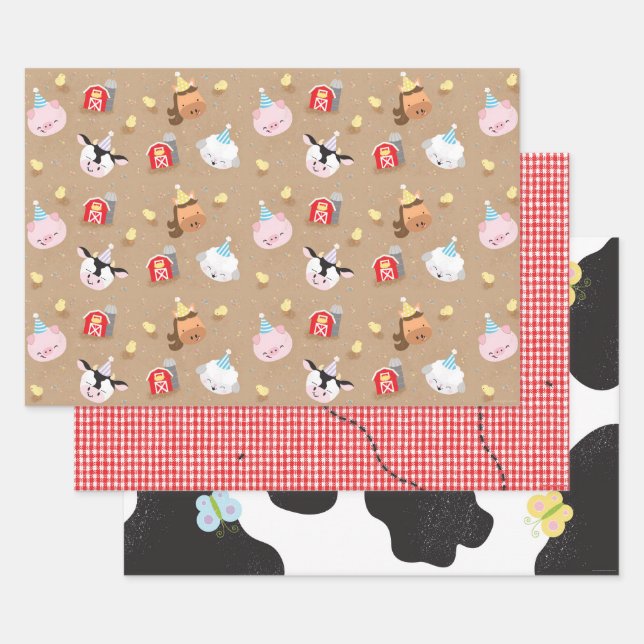Farm Friends Set of 3 Birthday Party Wrapping Paper Sheet (Set)