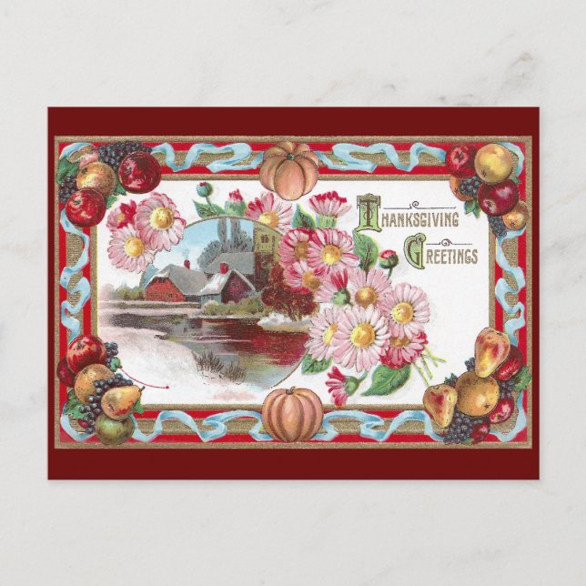 Farm, Fruit and Pink Mums Thanksgiving Holiday Postcard (Front)
