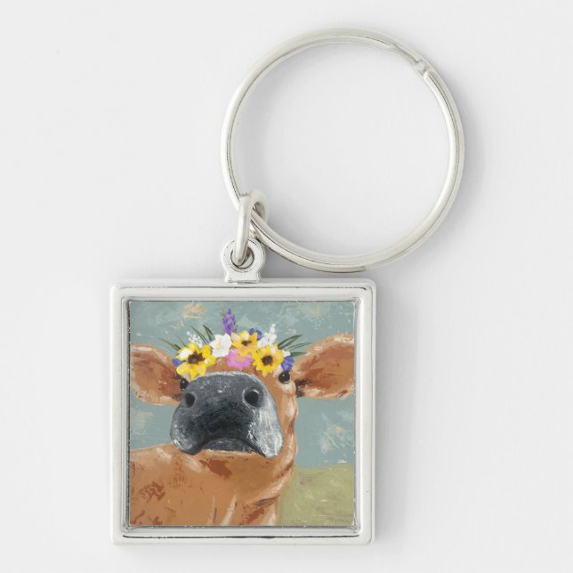 Farm Fun - Cow with Flower Crown Key Ring (Front)