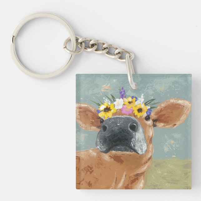 Farm Fun - Cow with Flower Crown Key Ring (Front)