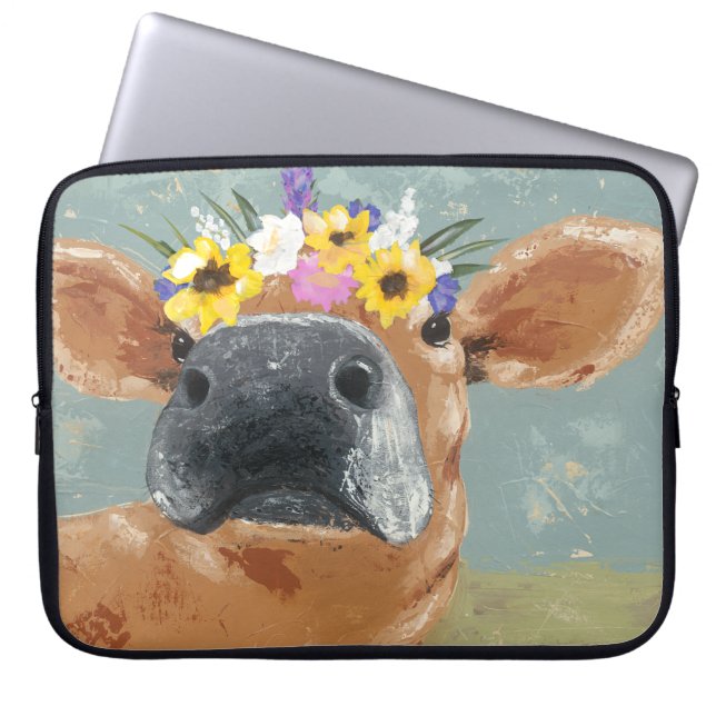 Farm Fun - Cow with Flower Crown Laptop Sleeve (Front)