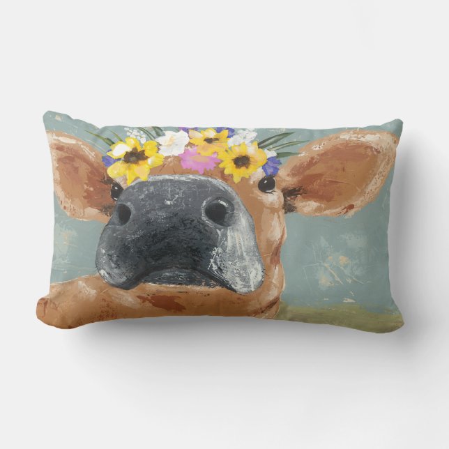 Farm Fun - Cow with Flower Crown Lumbar Cushion (Front)