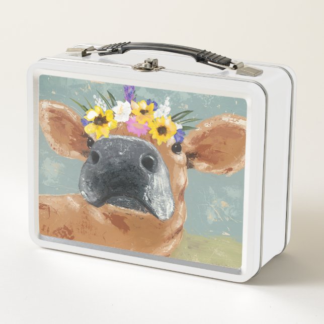 Farm Fun - Cow with Flower Crown Metal Lunch Box (Front)