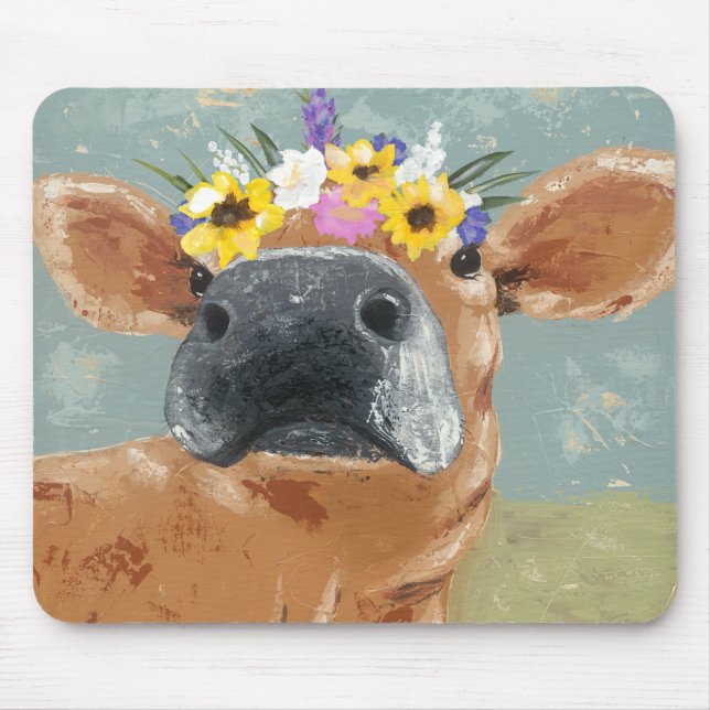 Farm Fun - Cow with Flower Crown Mouse Mat (Front)