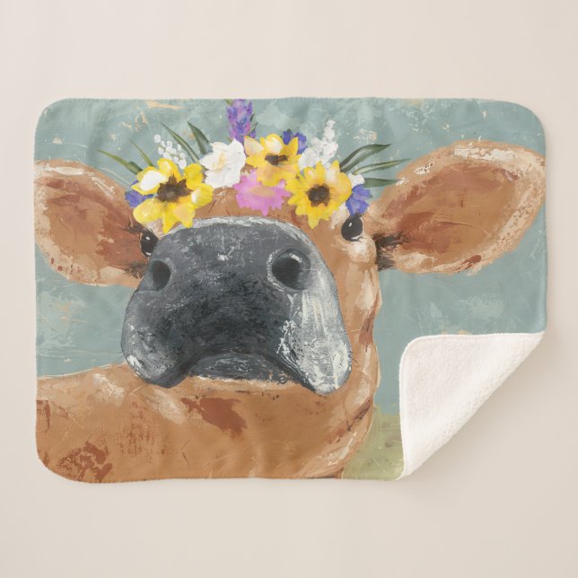 Farm Fun - Cow with Flower Crown Sherpa Blanket (Front (Horizontal))