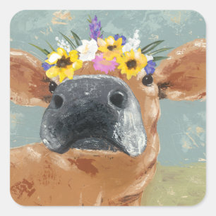 Farm Fun - Cow with Flower Crown Square Sticker