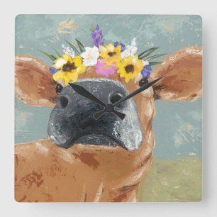 Farm Fun - Cow with Flower Crown Square Wall Clock
