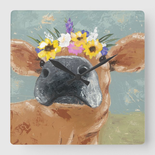 Farm Fun - Cow with Flower Crown Square Wall Clock (Front)