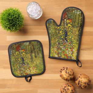 Farm Garden with Crucifix by Gustav Klimt Oven Mitt & Pot Holder Set