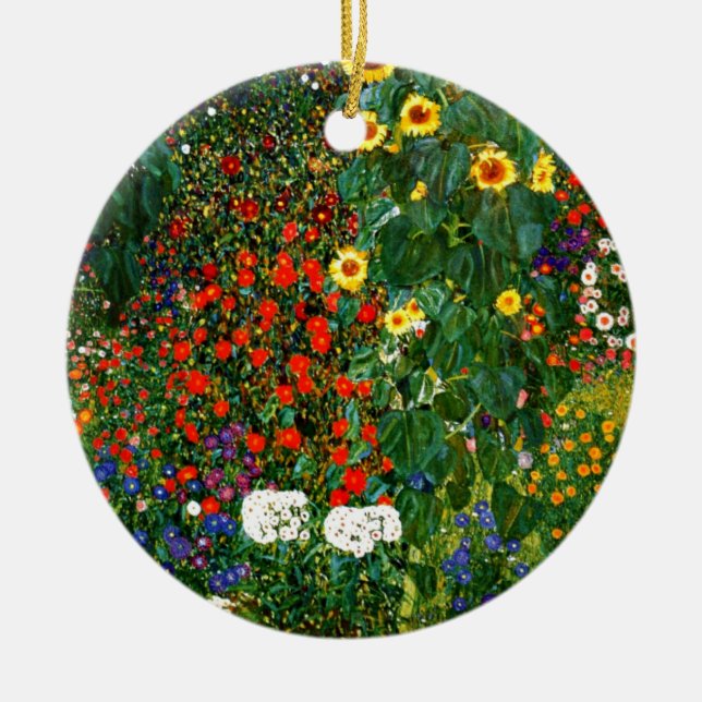 Farm Garden with Sunflowers by Gustav Klimt Ceramic Tree Decoration (Front)
