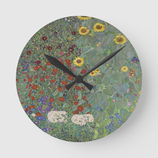 Farm Garden with Sunflowers by Gustav Klimt Round Clock (Front)