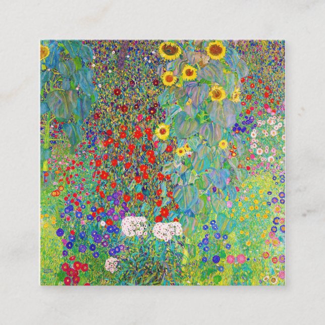 Farm Garden With Sunflowers Gustav Klimt Square Business Card (Front)