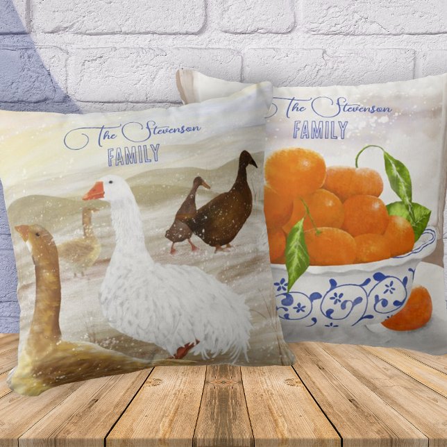 Farm Geese, Winter Oranges 2-sided Throw Pillow (personalized throw pillow with family name in script. Farmhouse theme, winter oranges, wild geese)