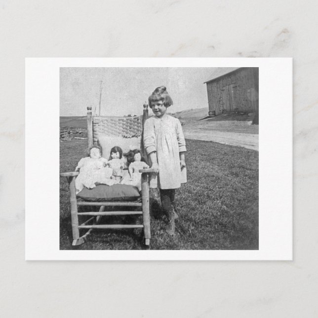 Farm Girl and Her Doll Friends Vintage Postcard (Front)