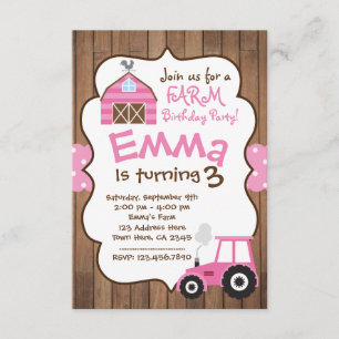Farm Girl Invitation, Pink barnyard and tractor Invitation