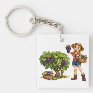 Farm girl picking grapes, vineyard harvest art key ring