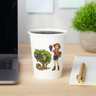 Farm girl picking grapes, vineyard harvest art paper cups