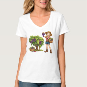 Farm girl picking grapes, vineyard harvest art T-Shirt
