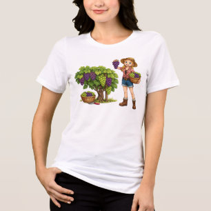 Farm girl picking grapes, vineyard harvest art Tri-Blend shirt