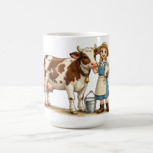 Farm girl with cow, cute dairy country art coffee mug