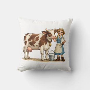 Farm girl with cow, cute dairy country art cushion