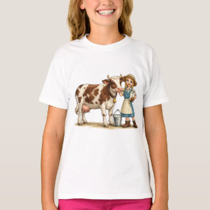 Farm girl with cow, cute dairy country art T-Shirt