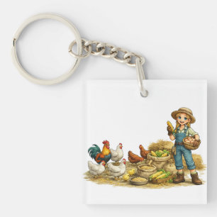 Farm girl with eggs, cute rustic country art key ring