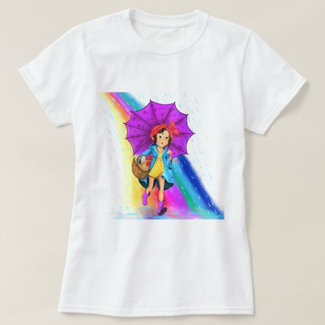Farm Girl with Umbrella Rainbow T-Shirt (Design Front)