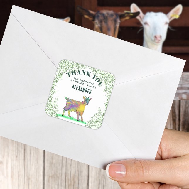 Farm Goat Birthday Party Thank You Square Sticker (Cute goat colorful farm animal art personalized birthday party thank you sticker)