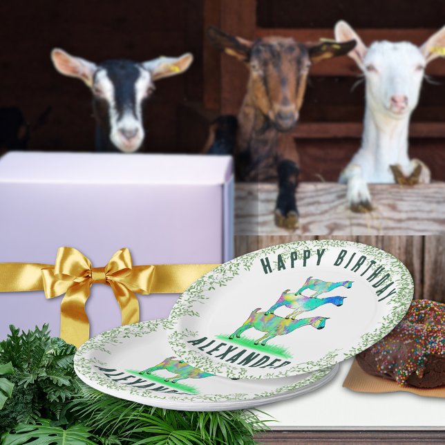 Farm Goats Colourful Animal Art Birthday Party Paper Plate (Cute goats colorful farm animal art happy birthday party plate with personalized name)