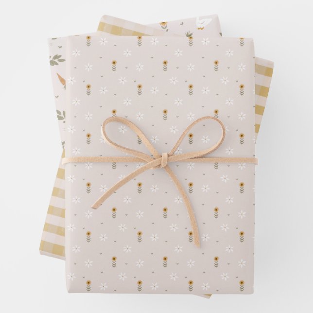 Farm Goose Flowers Rustic Yellow Gingham Wrapping Paper Sheet (In situ)