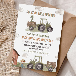Farm Green Tractor 2nd Birthday Invitation