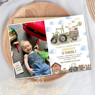 Farm Green Tractor 2nd Birthday Party Photo Invitation