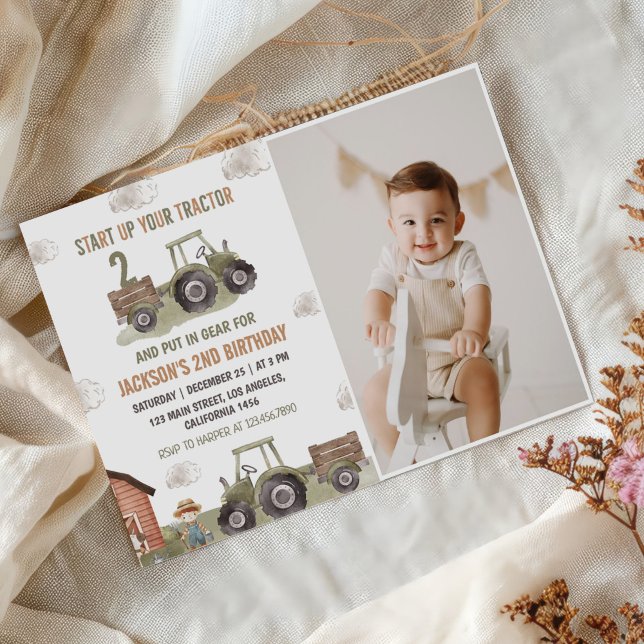 Farm Green Tractor 2nd Birthday Photo Invitation (Creator Uploaded)