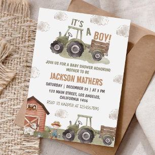 Farm Green Tractor Baby Shower Invitation