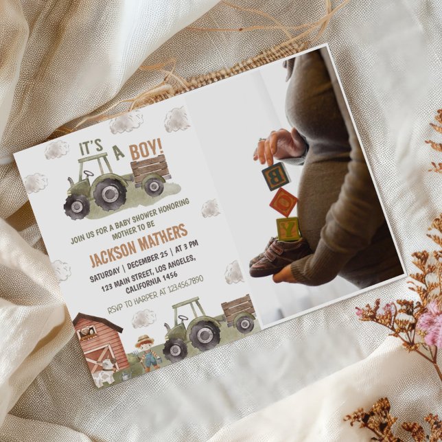 Farm Green Tractor Baby Shower Photo Invitation (Creator Uploaded)