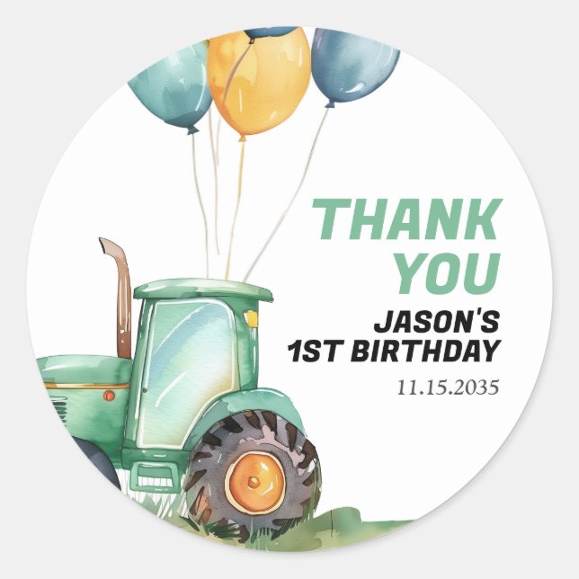 Farm Green Tractor Birthday Classic Round Sticker (Front)