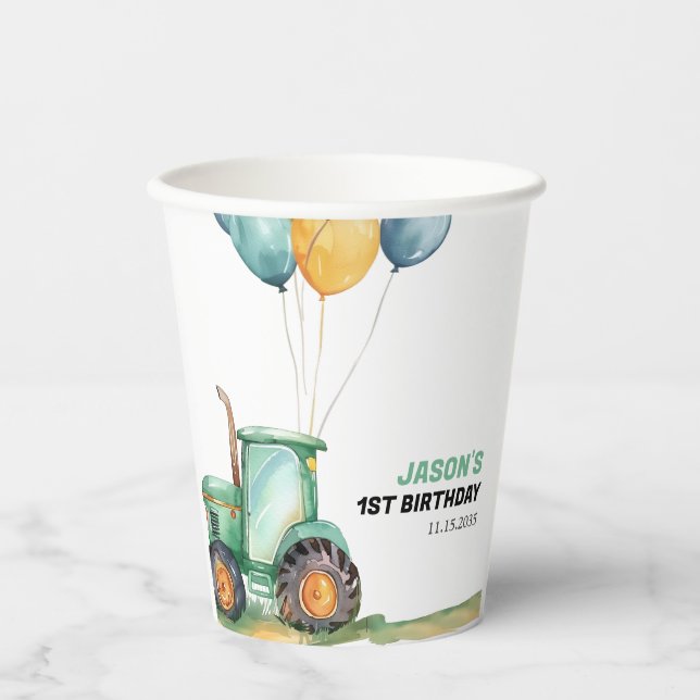 Farm Green Tractor Birthday Paper Cups (Front)