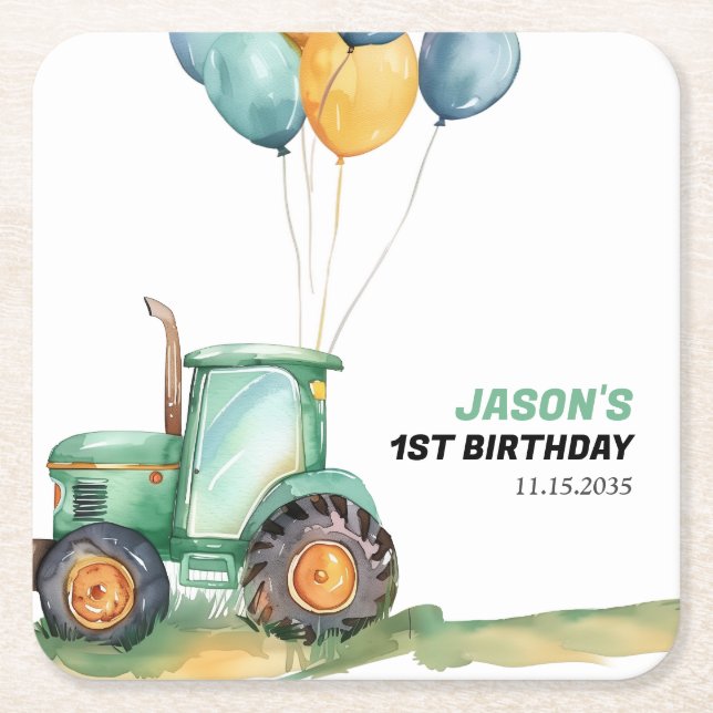 Farm Green Tractor Birthday Square Paper Coaster (Front)