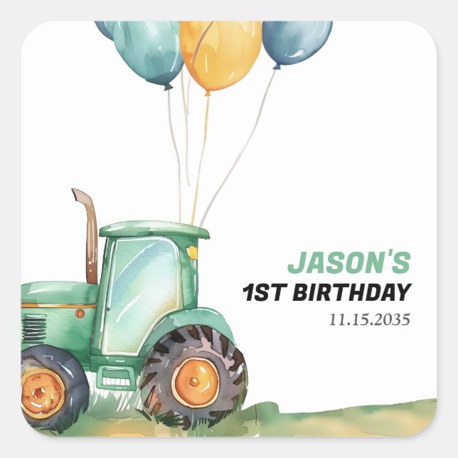 Farm Green Tractor Birthday Square Sticker (Front)