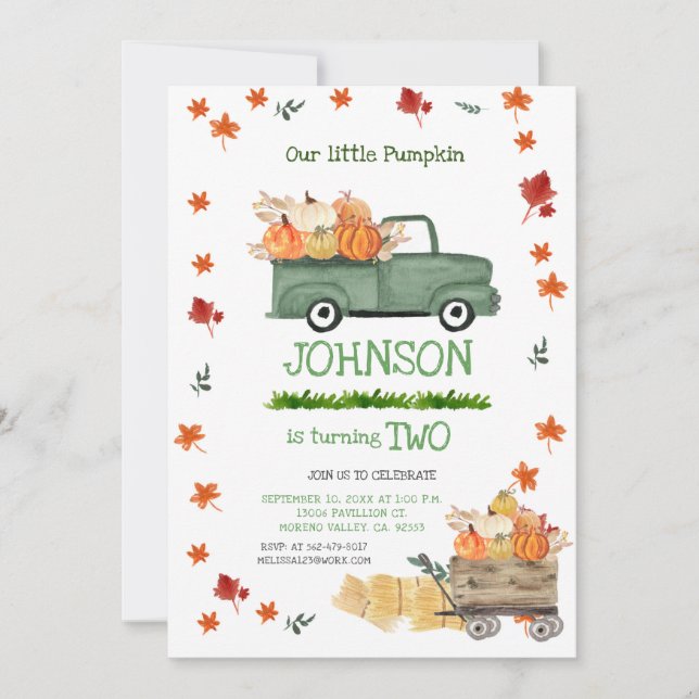 Farm Green Truck Pumpkin Boy First Birthday  Invitation (Front)
