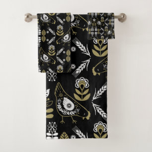 Farm Hen Folk Art Print Bath Towel Set