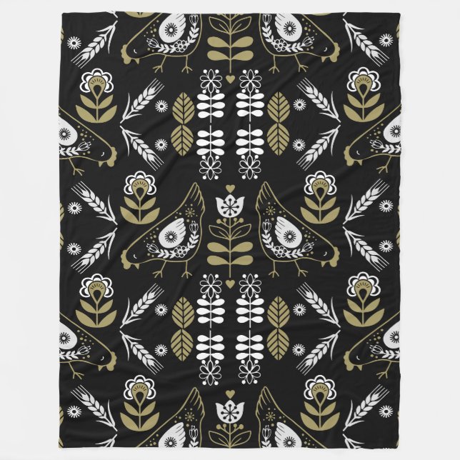 Farm Hen Folk Art Print Fleece Blanket (Front)