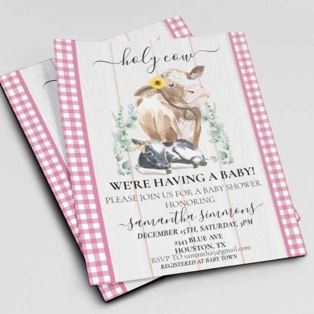 Farm Holy Cow Calf Baby Shower Gingham PInk (Creator Uploaded)