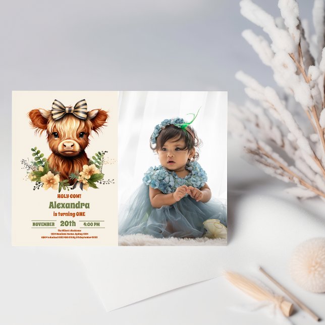 Farm Holy Cow Highland 1st Birthday Photo Invitation (Creator Uploaded)
