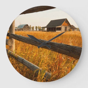 Farm House And Rail Fence In Grand Teton Large Clock