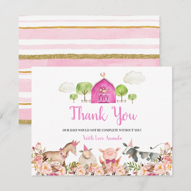 Farm House Animals Barnyard 1st Birthday Thank You Card (Front/Back)