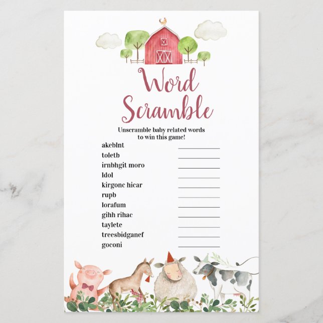 Farm House Animals Barnyard Word Scramble (Front)